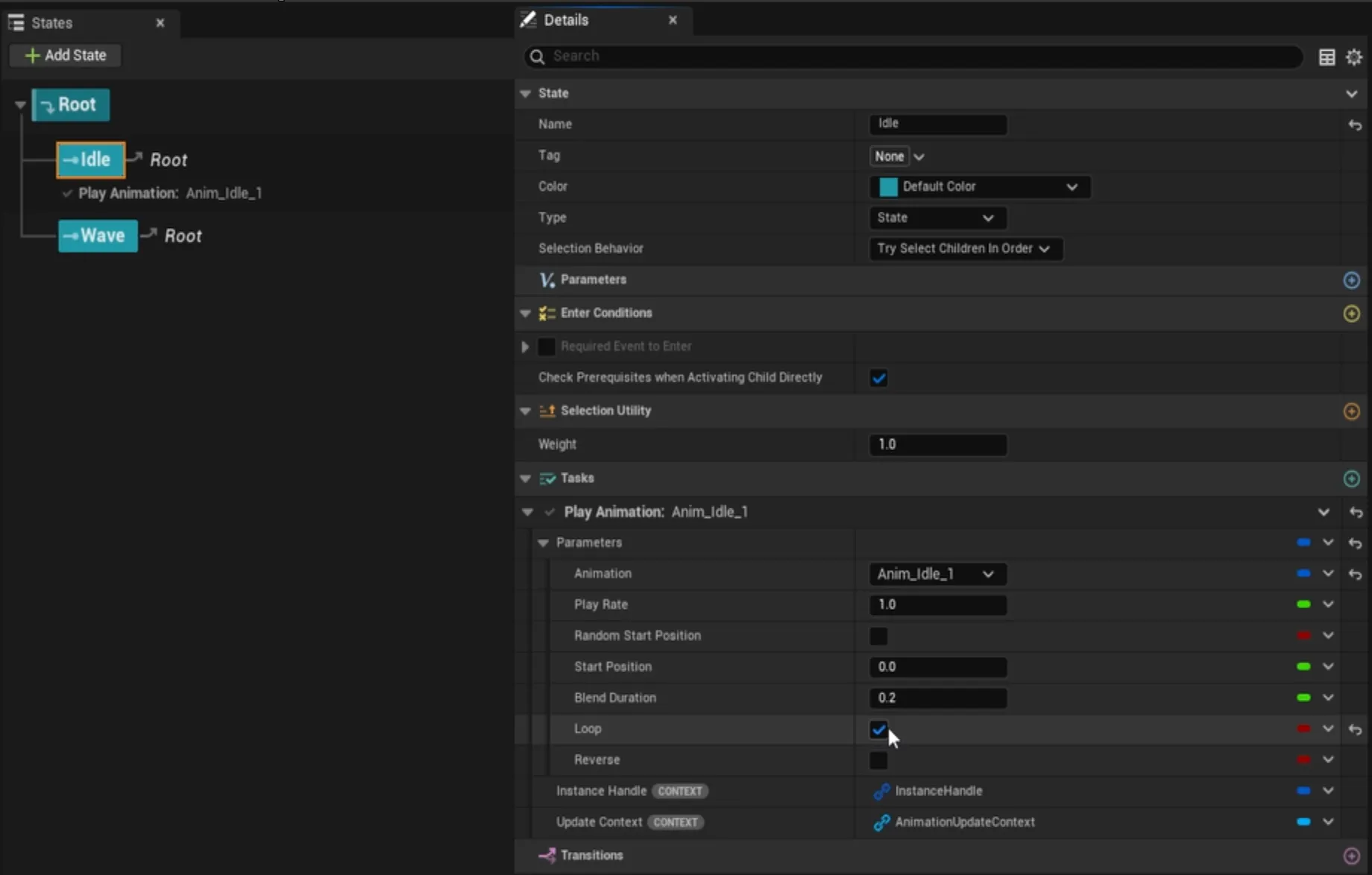 Idle and Wave states with Play Vertex Animation tasks
