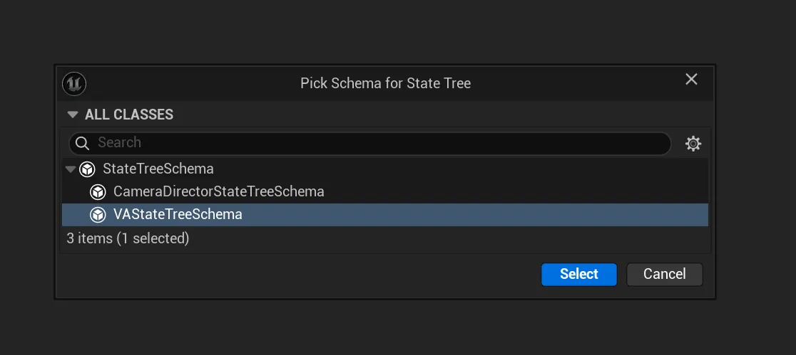 Creating a VA StateTree asset with the schema picker